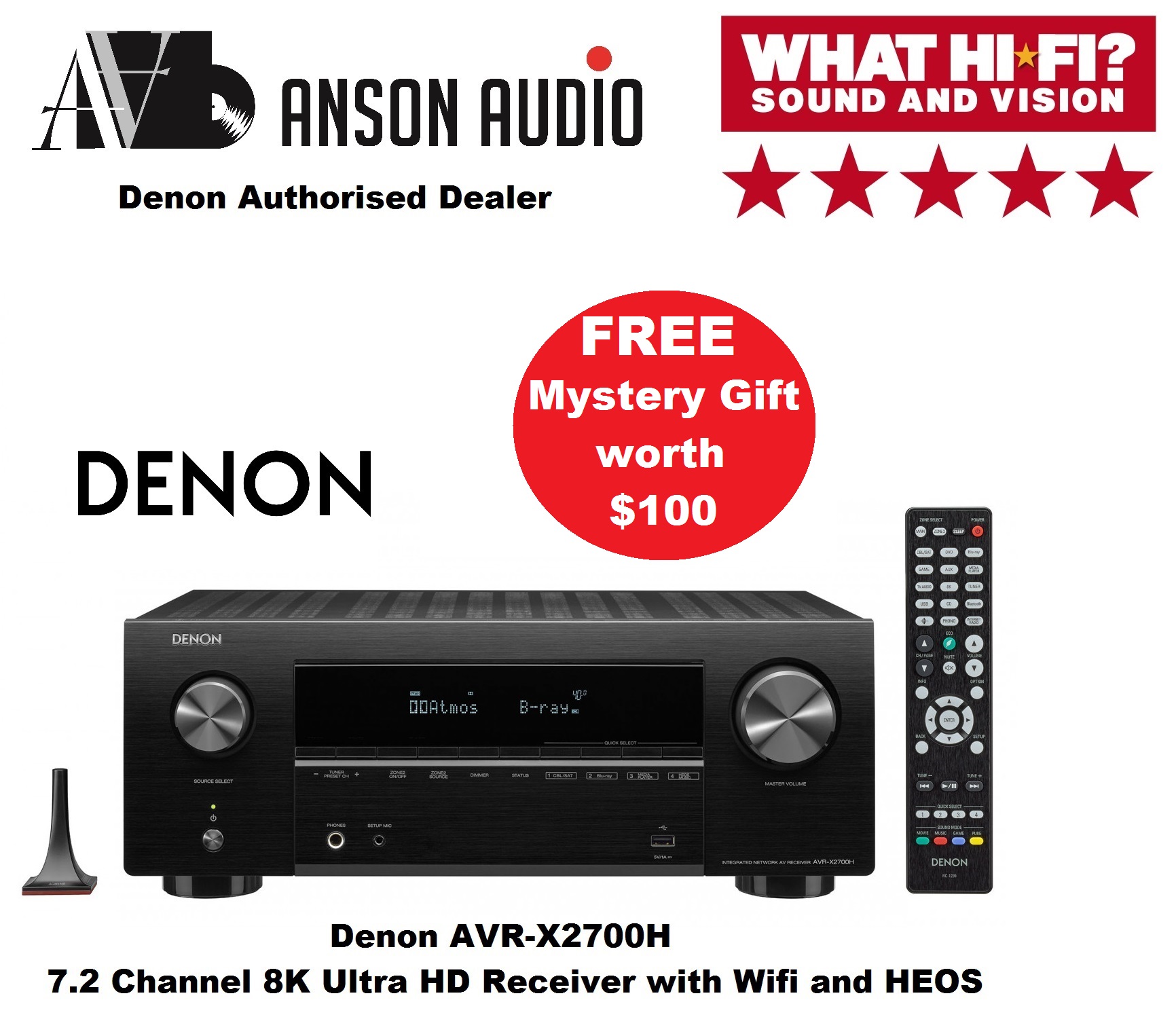 Denon AVR-X2700H 7.2 Channel 8K Ultra HD Receiver with Wifi and HEOS