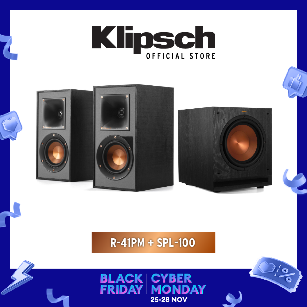 Klipsch R-41PM Active Bluetooth Bookshelf Speaker + Klipsch SPL-100 Subwoofer (Soundbar Alternative For TV)