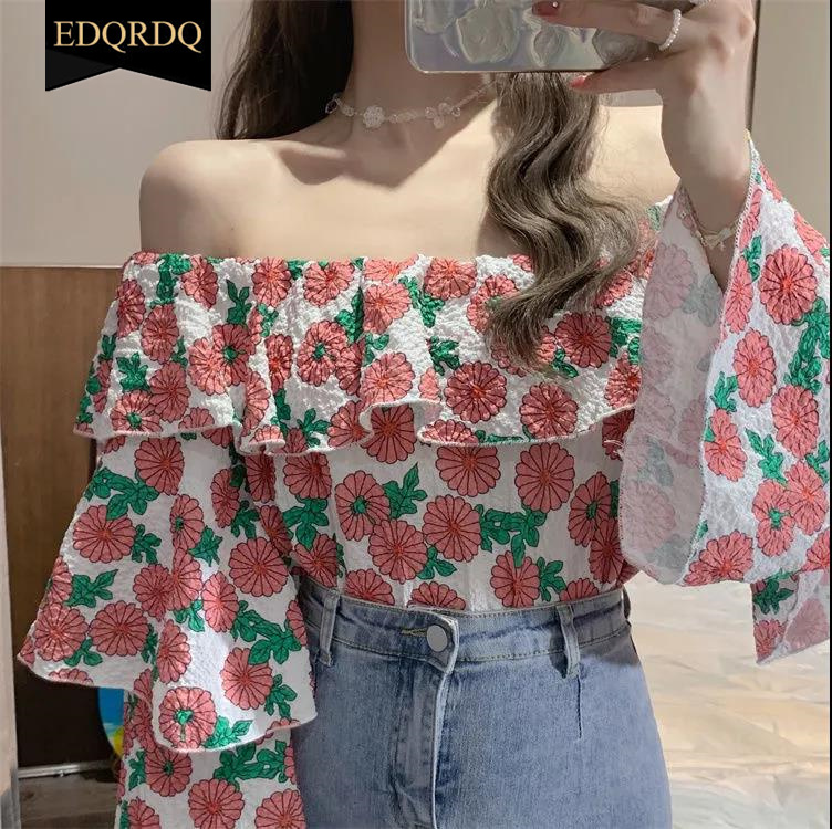 EDQRDQ Women's Casual Off Shoulder Floral Printed Ruffle Tops 3/4 Sleeve T Shirts Loose Summer Blouses Shirt