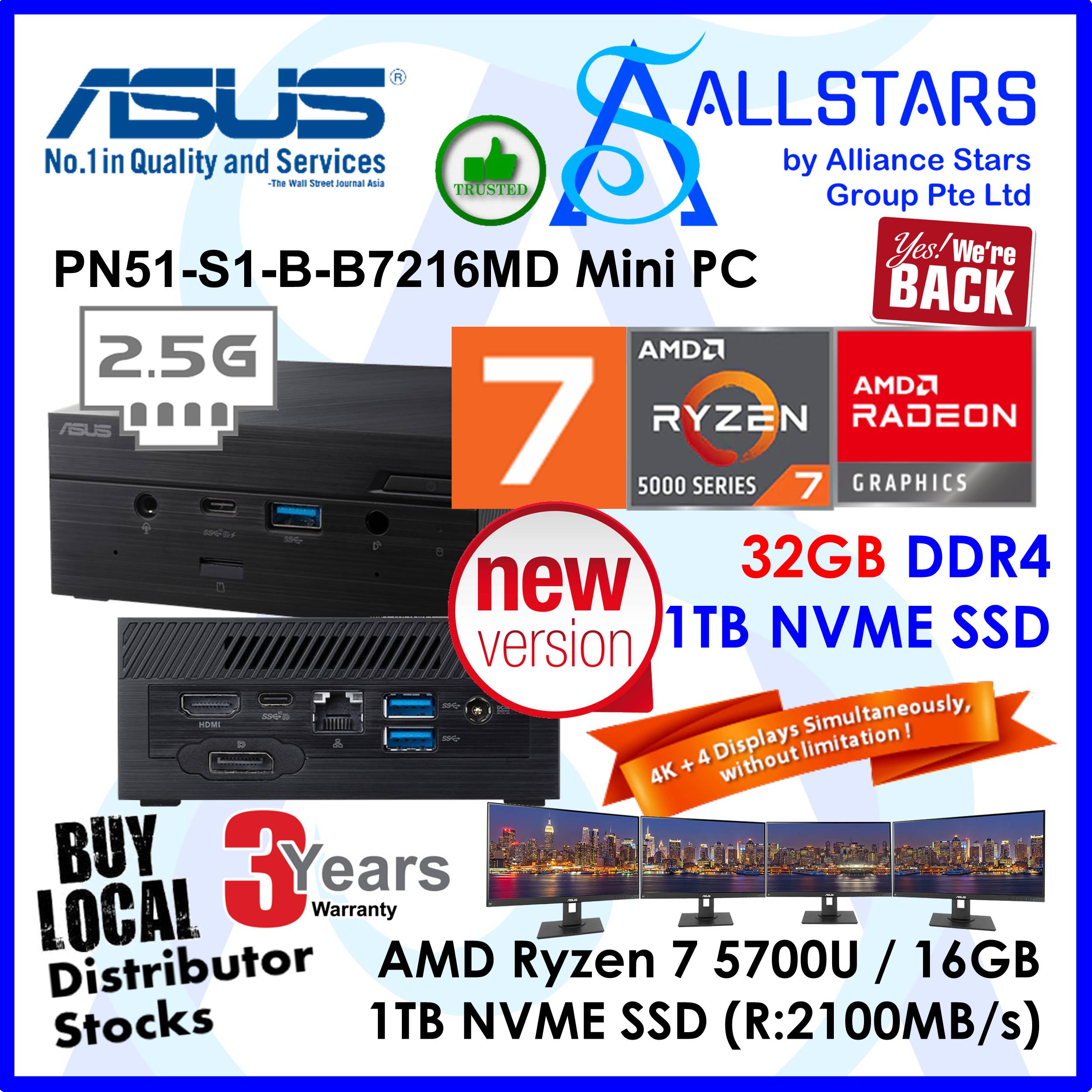(ALLSTARS : We are Back/ Mini PC Promo) ASUS PN51 Ryzen7 5700U / PN51-S1-B-B7216MD +32GB 3200MHz + 1TB NVME SSD + Unactivated MS Win10 Home (AMD Ryzen 7 5700U / Intel WiFi 6 / BT5.0 / 2.5 LAN / HDMI+D