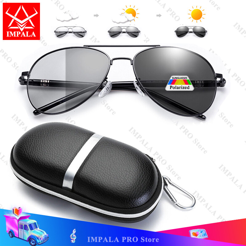 IMPALA PG1836L Fashion Men Polarized Photochromic Sunglasses Anti Glare UV400 HD Lens Metal Frame Driving Fishing Outdoor Soprts Glasses with case