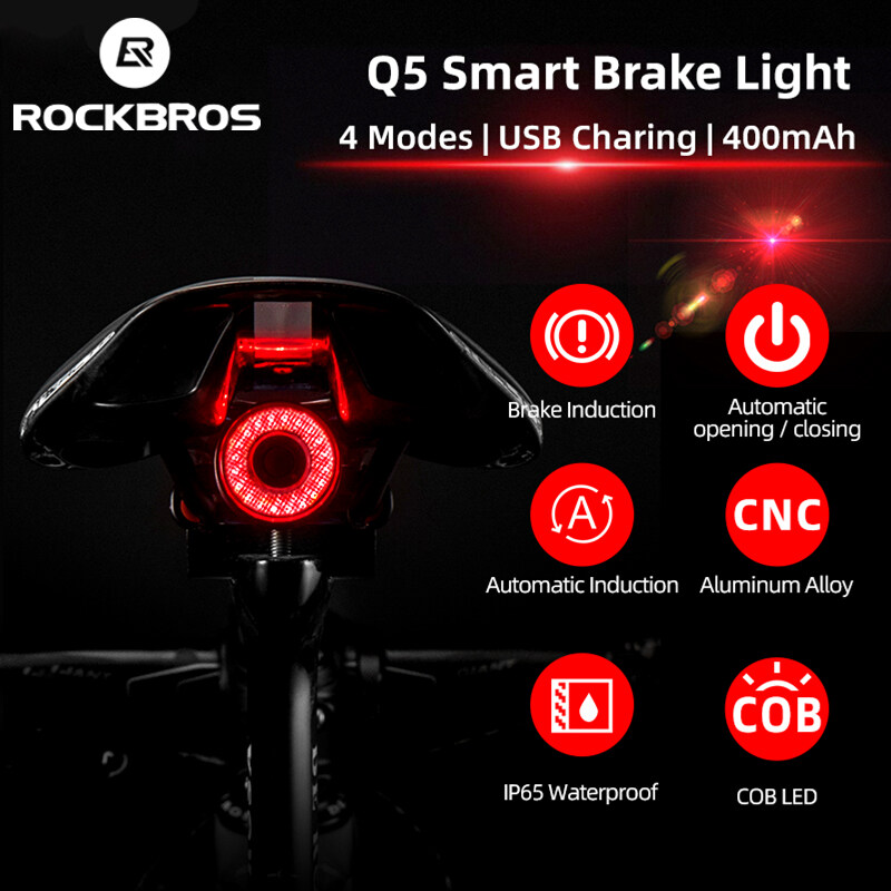 【SG Delivery】ROCKBROS Smart Bicycle Brake Light Type-C Bike tail light Sensor Auto Start / Stop Waterproof IPx6 Charging Accessories LED Cycling Light Bike Rear Light Q3 Q5 are Smart Lights / Q1 is No