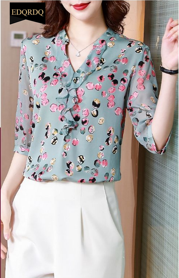 EDQRDQ Women's Stretchy Ruffle V Neck 3/4 Sleeve Slim Solid Elegant Chiffon Blouse Top