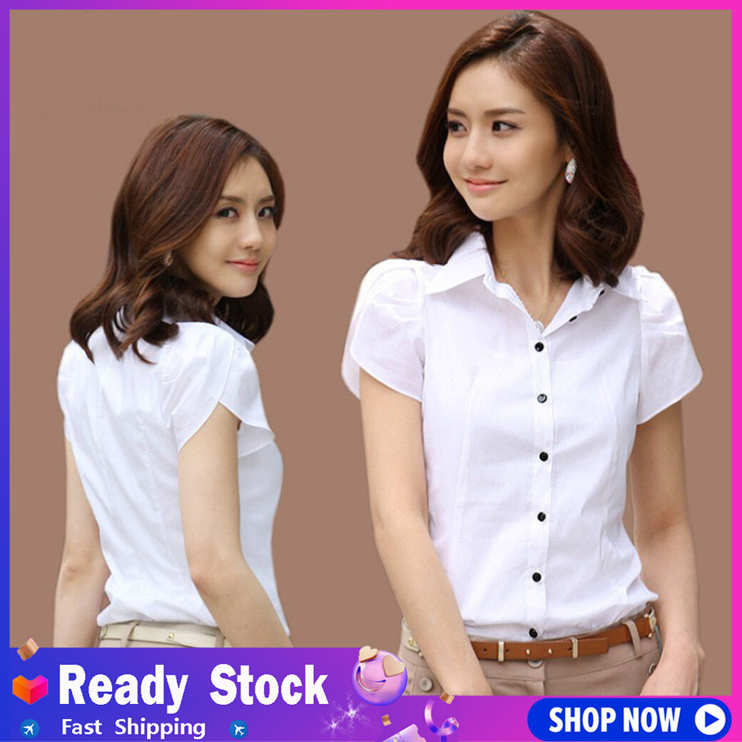 Women Summer Formal Shirts Short Sleeves Slim Fit Office Lady Turn-down Collar