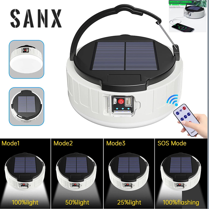 SANX 400W Solar Charge Lantern USB Rechargeable LED Bulb Lamp Remote Control Portable 3 Modes Emergency LED Night Market Light Outdoor Hiking Home