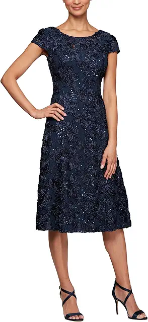 Petite Cocktail Dress in Rosette Lace with Cap Sleeves