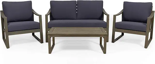 Alexander Outdoor 4 Seater Acacia Wood Chat Set with Water Resistant Cushions, Gray and Dark Gray